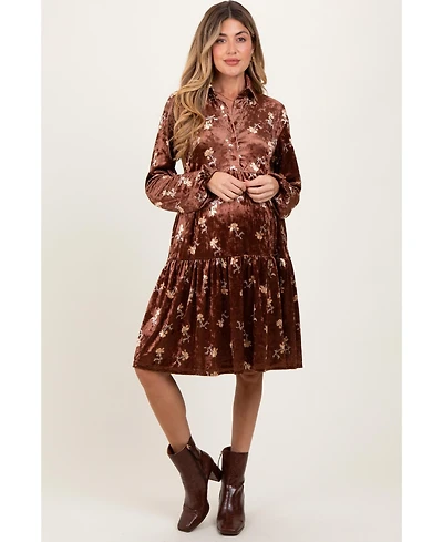 Pinkblush Women's Brown Floral Velvet Button Down Midi Dress
