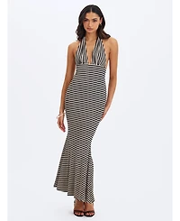 Miss Circle Women's Hannah Almond and Black Lyocell Jersey Striped Mermaid Maxi Dress