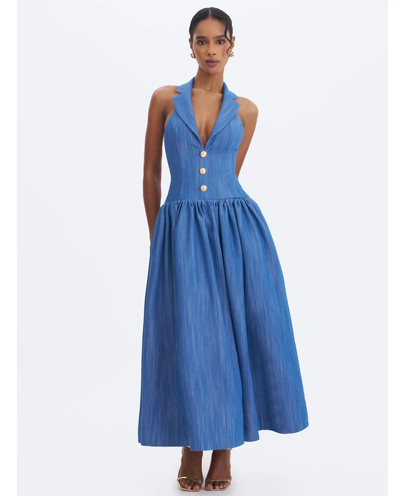 Miss Circle Women's Xyan Navy Denim Lapel Halter A-Line Midi Dress