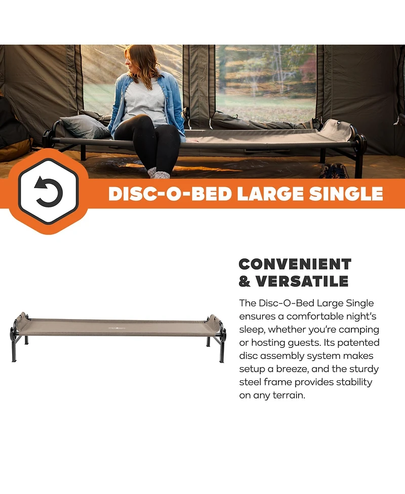 Disc-o-Bed Single Cot, Portable Sleep Solution for Tents and Cabins, Tan, Large