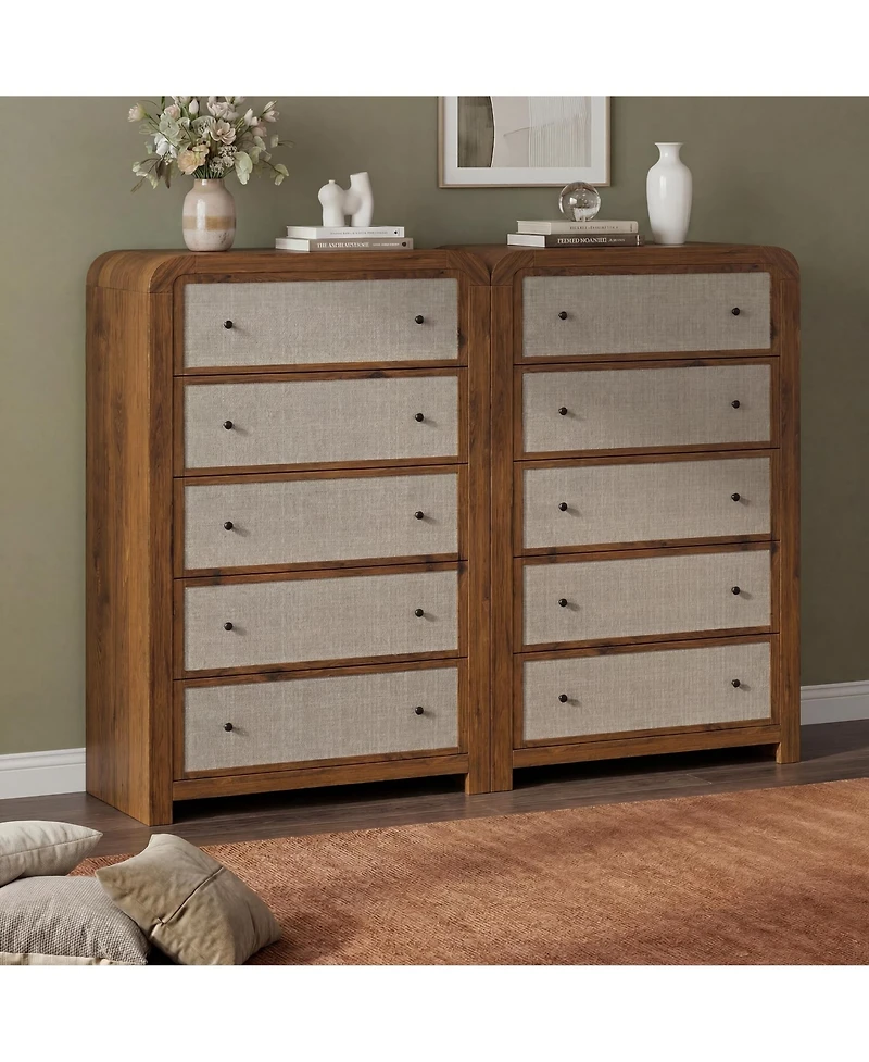 5 Tall Drawer Dresser for Bedroom, Modern Chest of Drawers, Linen Drawer Fronts, Anti-Tip Kit, Sturdy Storage Organizer for Living Room, Entryway