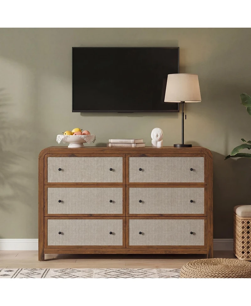 6 Drawer Bedroom Dresser, 49" Wide Modern Chest with Linen Drawer Fronts, Anti-Tip Kit, Sturdy Stable Storage Organizer for Living Room, Entryway