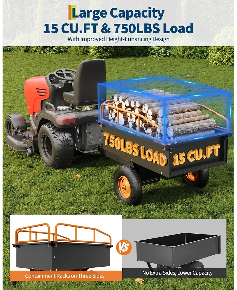 63 x 35 x 11 Inch Atv Garden Dump Cart, Heavy Duty Tow Behind Cart with Raised Guardrail 750 lbs for Lawn Farm,