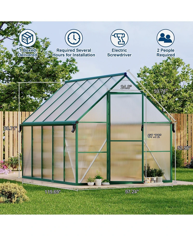 8 x 10 Ft Walk-in Greenhouse with Aluminum Frame and Pc Panels, Outdoor Sun Room for Garden Backyard Patio, Silver/Green