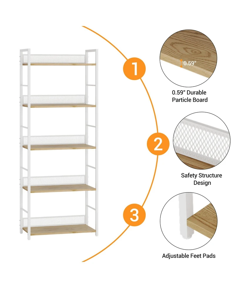 24x12x61 in 5-Tier Steel Storage Shelf, Engineered Wood Shelves, Diamond Mesh Back, for Living Room Kitchen Office, White/Black