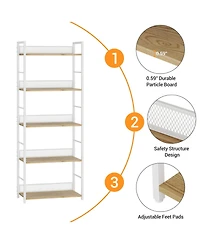 24x12x61 in 5-Tier Steel Storage Shelf, Engineered Wood Shelves, Diamond Mesh Back, for Living Room Kitchen Office, White/Black