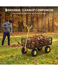 43x20x22 in Steel Garden Dump Cart, Yard Wagon with Removable Sides, 180 Degree Swivel Handle, 10 in Tires, for Backyard Patio, Green/Yellow
