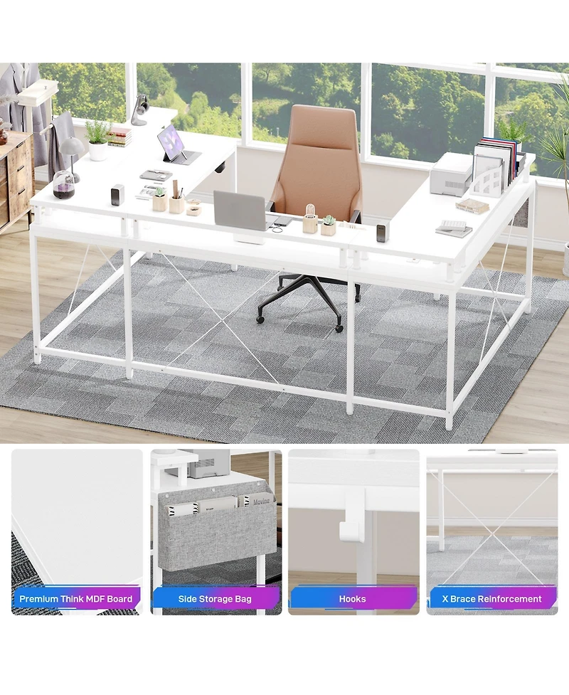 79 Inch U-Shaped Computer Desk with Power Outlets and Led Lights, Engineered Wood Top with Steel Frame for Home Office Gaming Study, White Willow