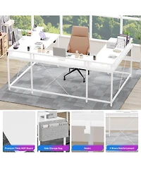 79 Inch U-Shaped Computer Desk with Power Outlets and Led Lights, Engineered Wood Top with Steel Frame for Home Office Gaming Study, White Willow