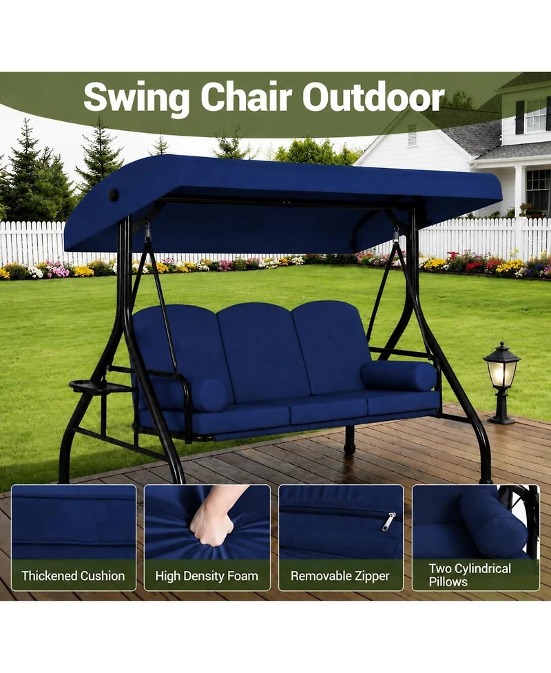76" x 47" x 68" 3-Seat Porch Swing with Cup Holders, Outdoor Patio Swing with Reclining Backrest, Weather Resistant for Garden, Deck,Khaki/Red/Blue