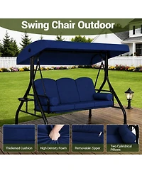 76" x 47" x 68" 3-Seat Porch Swing with Cup Holders, Outdoor Patio Swing with Reclining Backrest, Weather Resistant for Garden, Deck,Khaki/Red/Blue