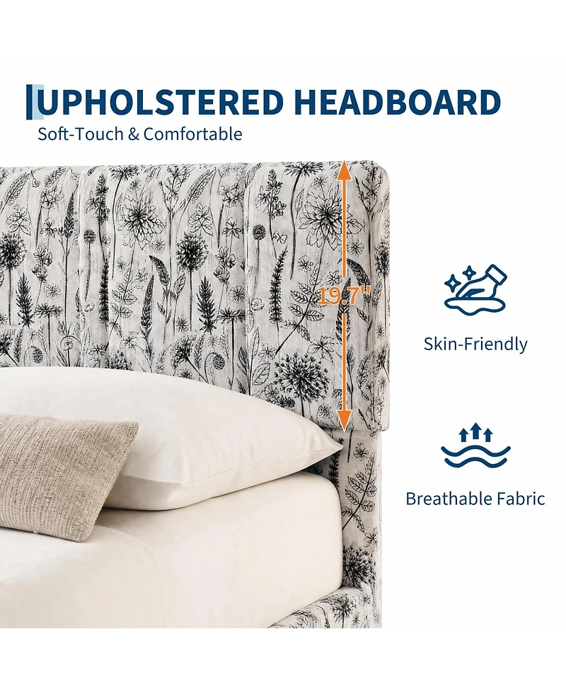 Queen/Full Upholstered Bed Frame with Floral Pattern Headboard, Flannel Fabric Engineered Wood Platform Bed for Bedroom