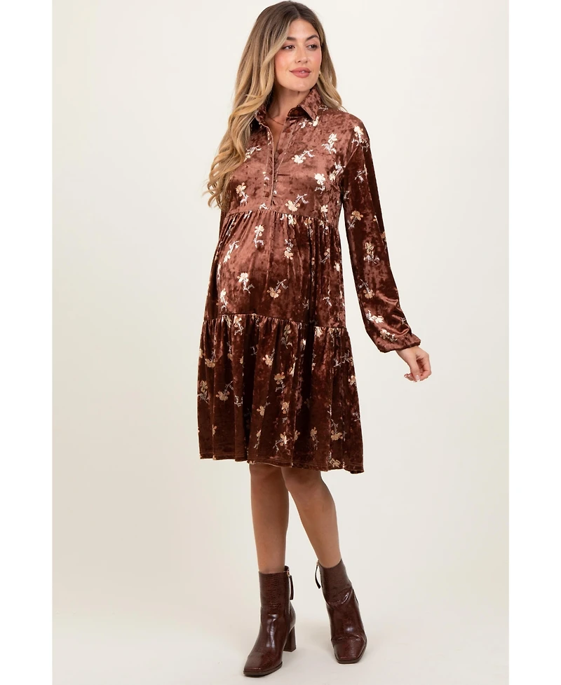 Pinkblush Women's Brown Floral Velvet Button Down Midi Dress