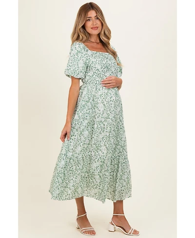 Pinkblush Women's Green Floral Smocked Short Sleeve Midi Dress