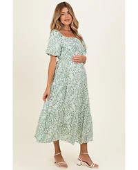 Pinkblush Women's Green Floral Smocked Short Sleeve Midi Dress