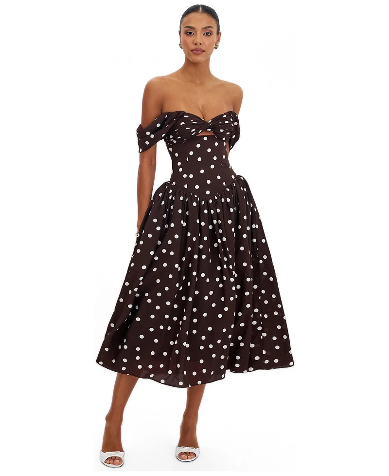 Miss Circle Women's Xandie Mocha Polka Dot Off-Shoulder Midi Dress