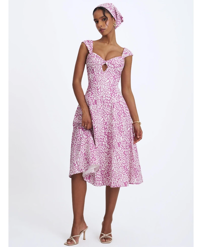 Miss Circle Women's Wynonna Mauve Cheetah Linen Keyhole Midi Dress
