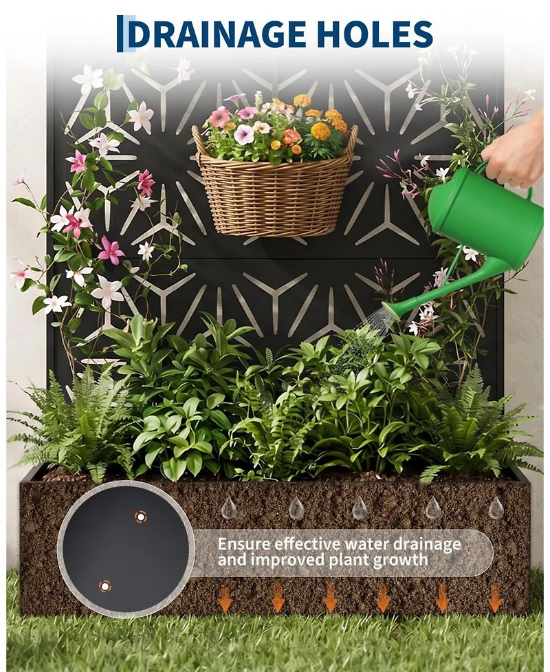 44 x 71 16 Steel Privacy Screen Planter Box, Decorative Metal Plant Holder for Backyard Patio Garden, Black