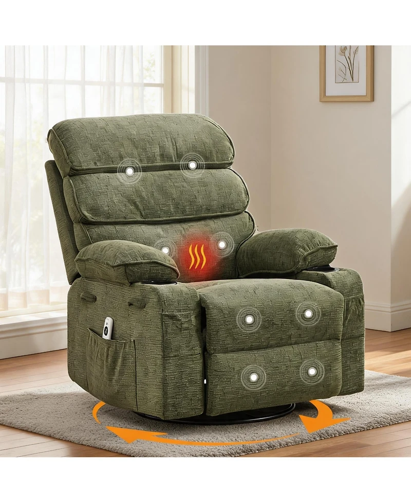 37"W Manual Swivel Rocker Recliner Chair with Massage and Heat, Linen Fabric Recliner with Iron Frame for Living Room Bedroom Office, Blue/Green