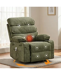 37"W Manual Swivel Rocker Recliner Chair with Massage and Heat, Linen Fabric Recliner with Iron Frame for Living Room Bedroom Office, Blue/Green