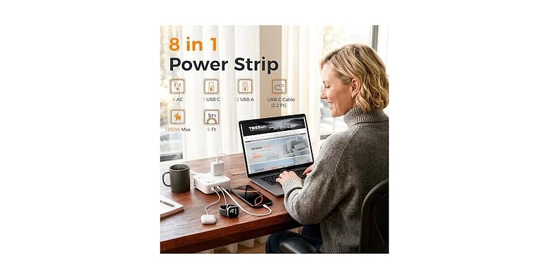Tessan Power Strip with Usb Charging with 8-in-1, 5Feet, 4 Outlets for Home, Office and Travel