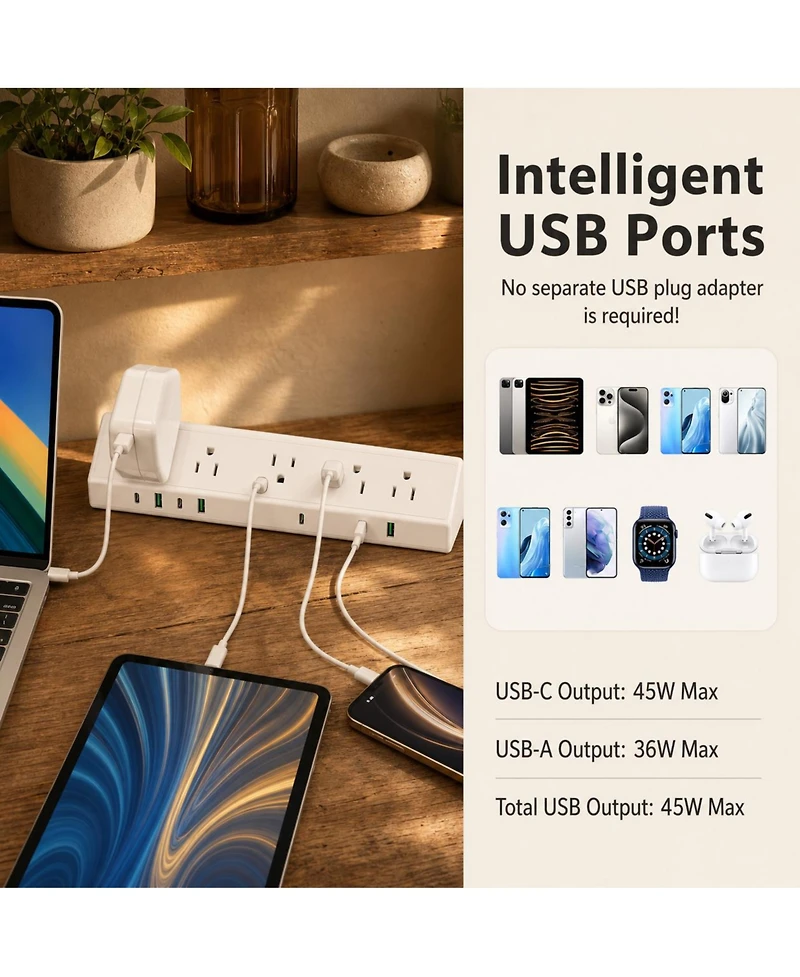 Lofree Desk Clamp Mount 45W Fast Charging Surge Protector for MacBook Air, Laptops, Tablets, and Smartphones