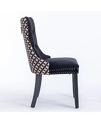 Flynama Set of 2 Patterned Velvet Dining Chairs, Solid Wood Nailhead Chairs with Adjustable Legs