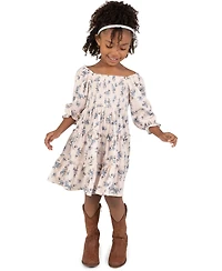 Rare Editions Girls' 4T-6X Floral Print Hand-Smocked Corduroy Dress