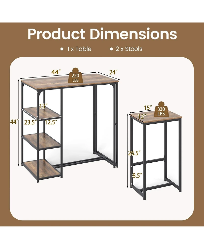 Mecale 3-Piece Bar-Height Dining Set with 2 Stools and Shelves