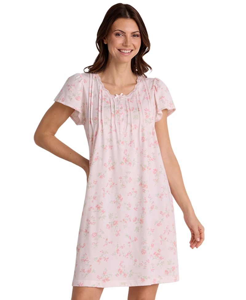 Miss Elaine Women's Cotton-Blend Short-Sleeve Floral-Print Nightgown