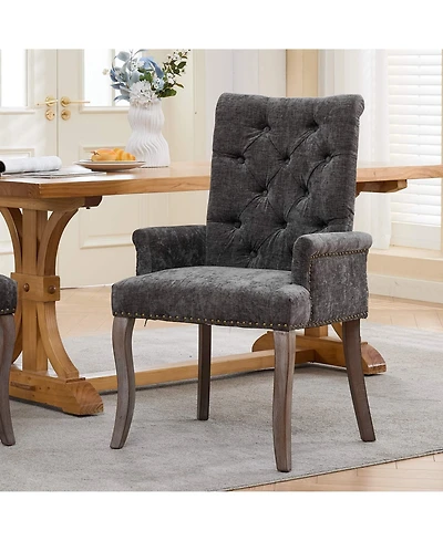 Flynama Upholstered Chenille Arm Dining Chair, Tufted Accent Chair with Curved Solid Wood Legs