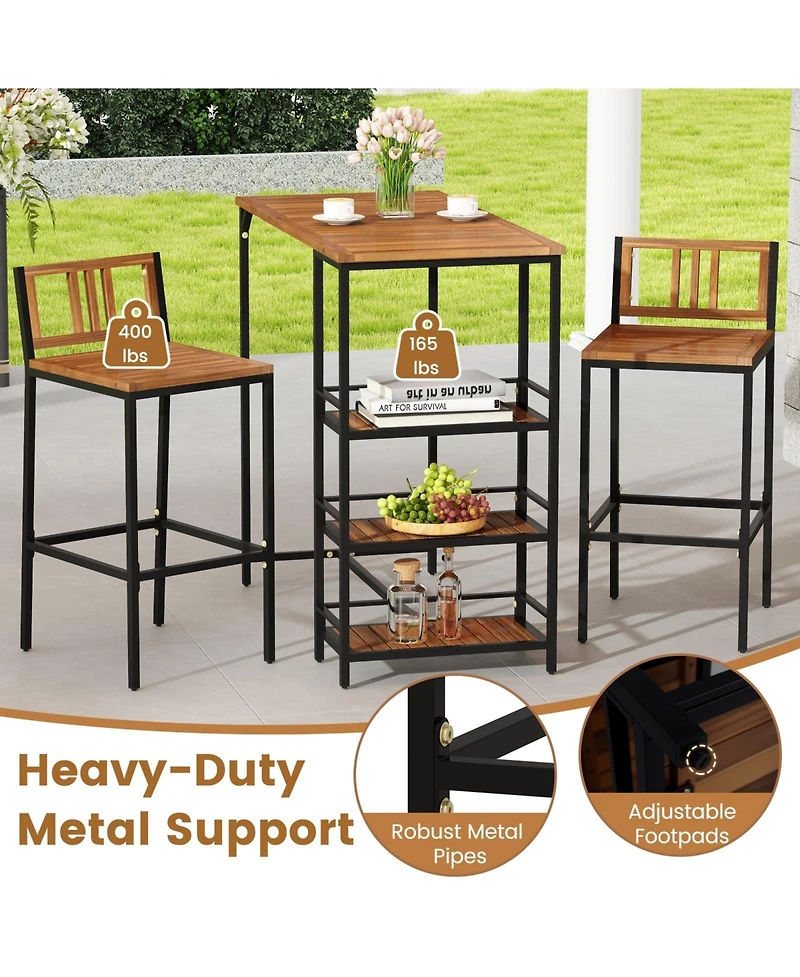 Mecale 3-Piece Outdoor Acacia Wood Bar Set with 3-Tier Storage Shelf