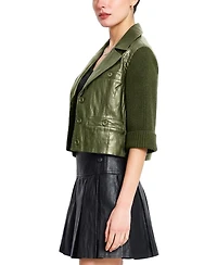 Central Park West Women's Quinn Faux-Leather with Knit Sleeves Cropped Jacket