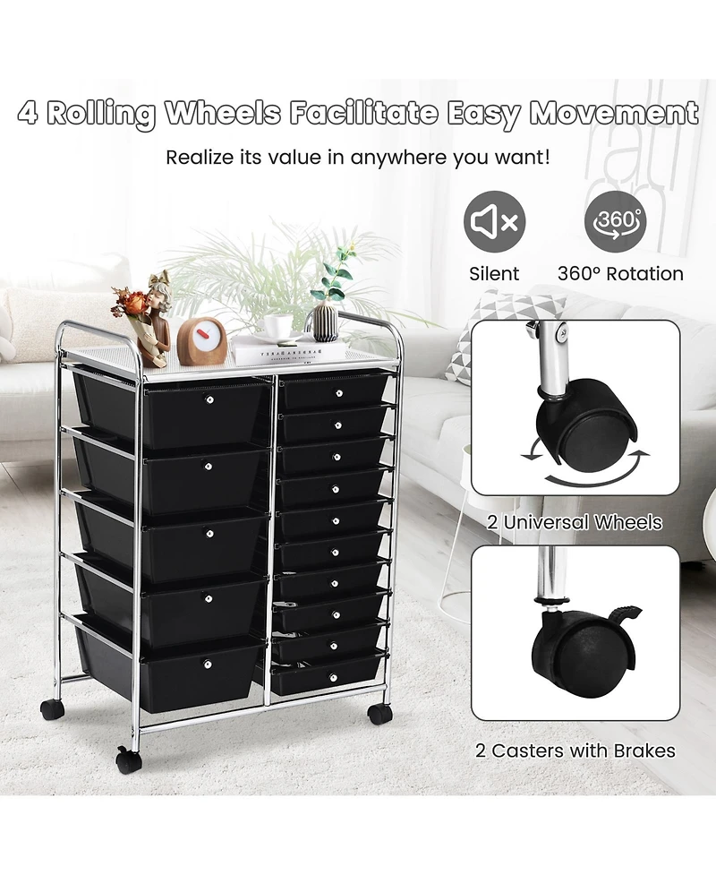 Mecale 15-Drawer Rolling Storage Cart with Top Shelf