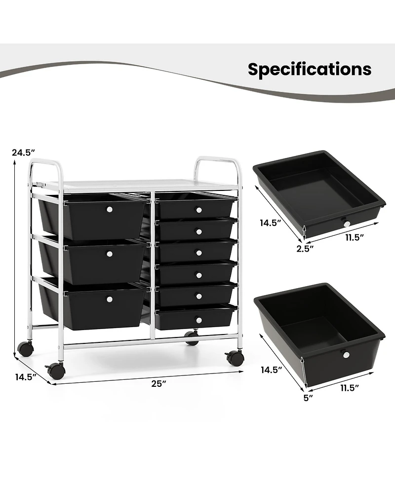 Mecale 9-Drawer Rolling Storage Cart with Wide Top Shelf
