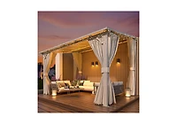 Aecojoy 12' x 8'Wall Mounted Hardtop Gazebo Lean to Metal Pergola with Curtains Netting Patio