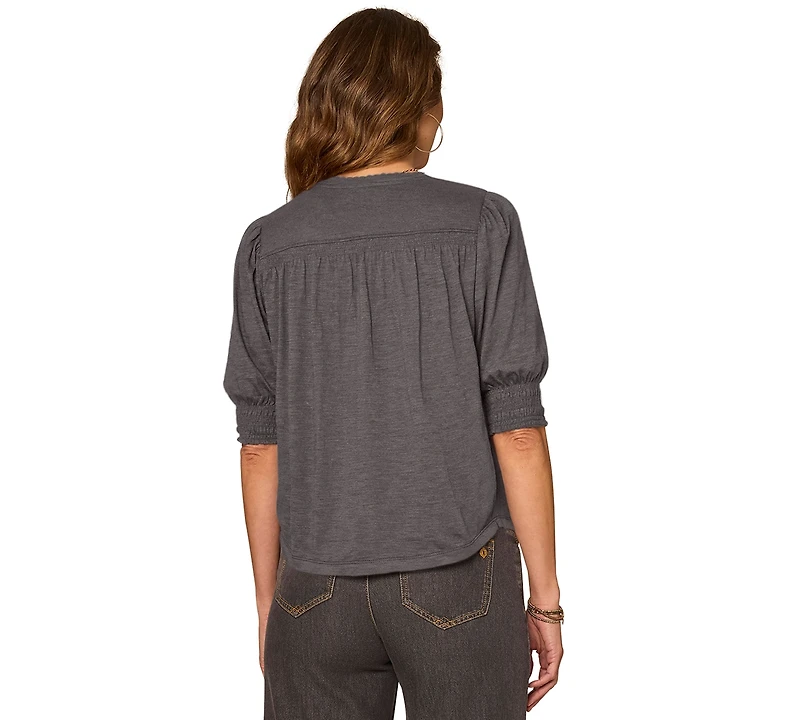Democracy Petite Elbow-Length Blouson Scalloped V-Neck Blouse