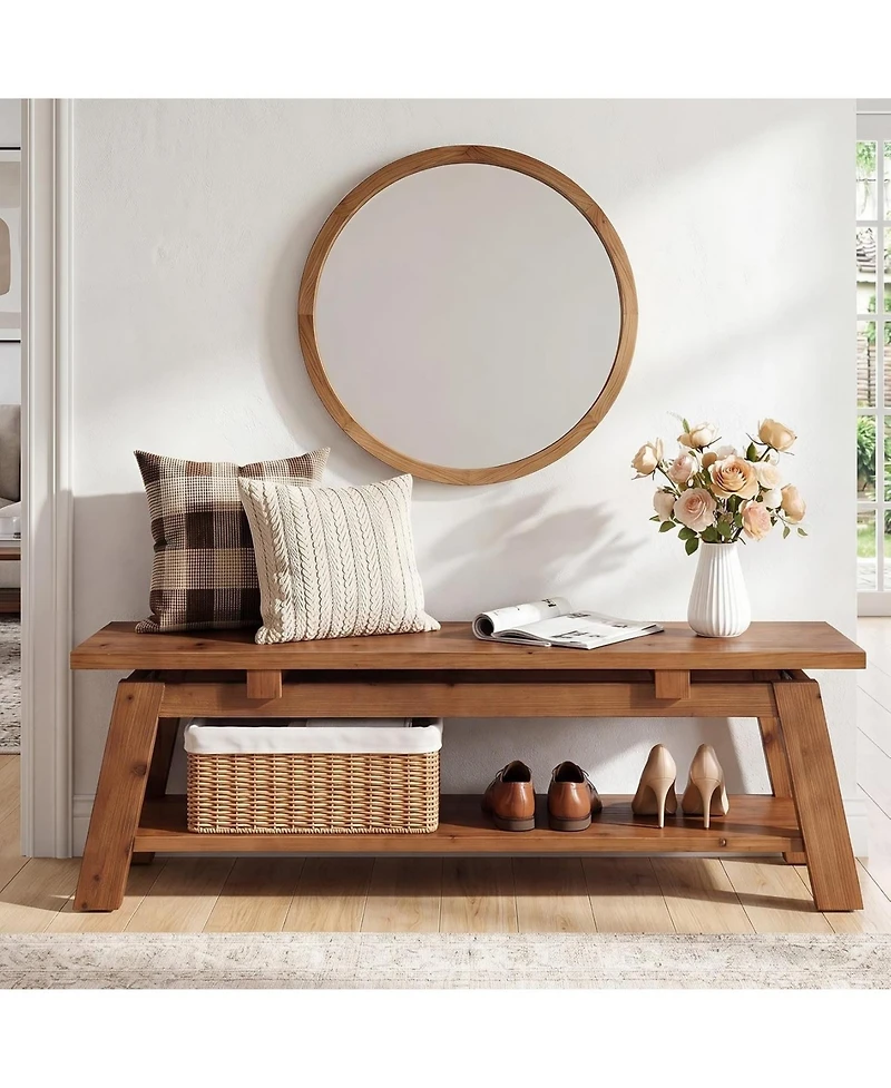 Tribesigns Solid Wood Bench, 55" Farmhouse Entryway Bench with Shoe Storage | 350 lb Capacity, Scratch Resistant, End of Bed Bench Shoe Bench Seat