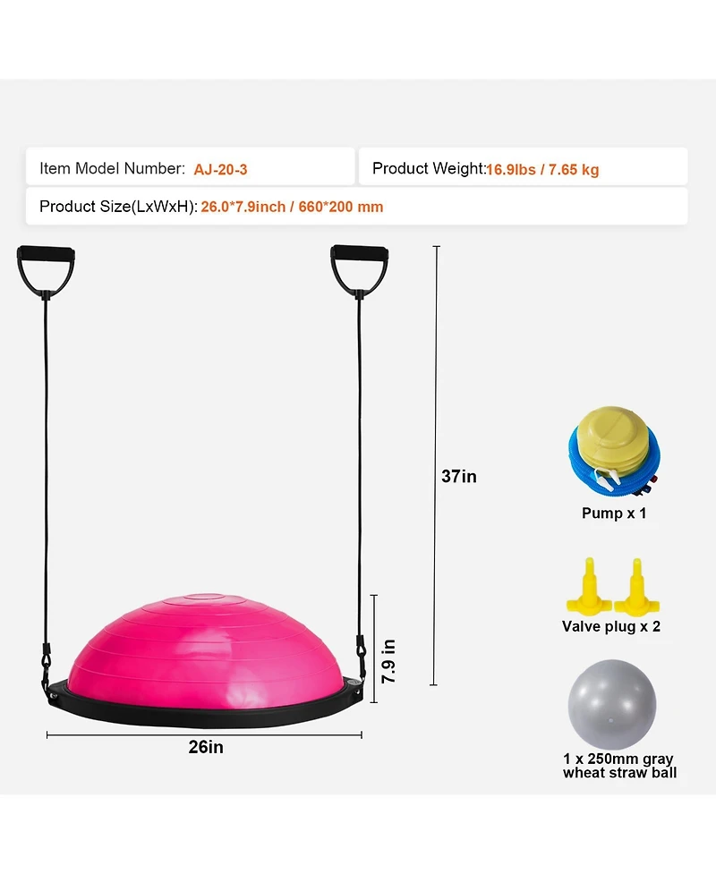 Vevor 26" Half Exercise Ball Trainer Yoga Balance Stability Ball Resistance Band