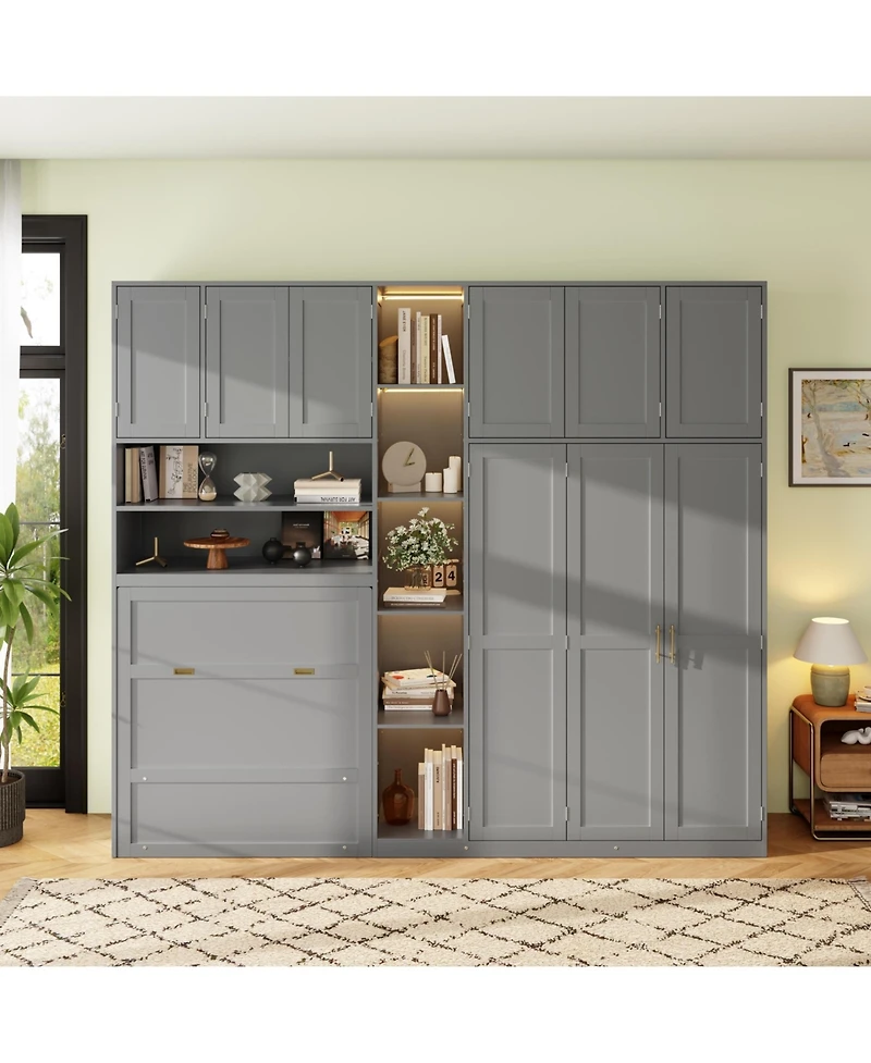 Clihome Twin Murphy Cabinet Bed with Wardrobe and Storage Shelves, 5-Tier Led Display Overhead Cabinets