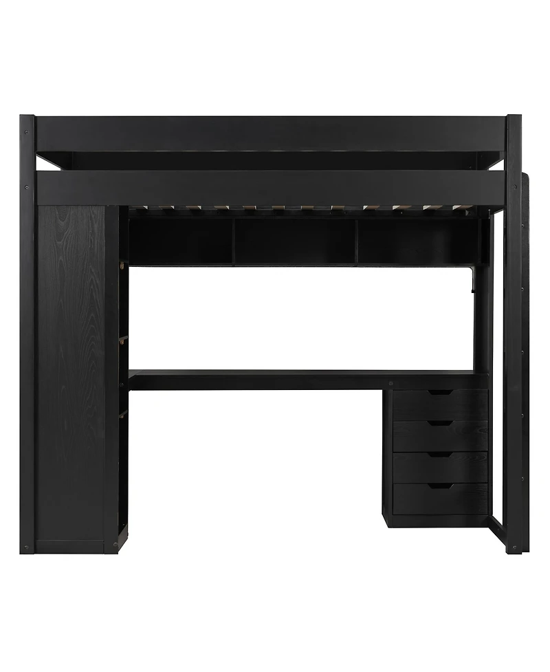 Clihome Twin Size Solid Wood Loft Bed with L-Shaped Desk and 4 Drawers, Ash Veneer High Loft Bed with Smart App Control Led Light Strip