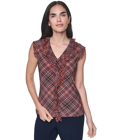 Tommy Hilfiger Women's V-Neck Plaid Ruffle Sleeveless Blouse