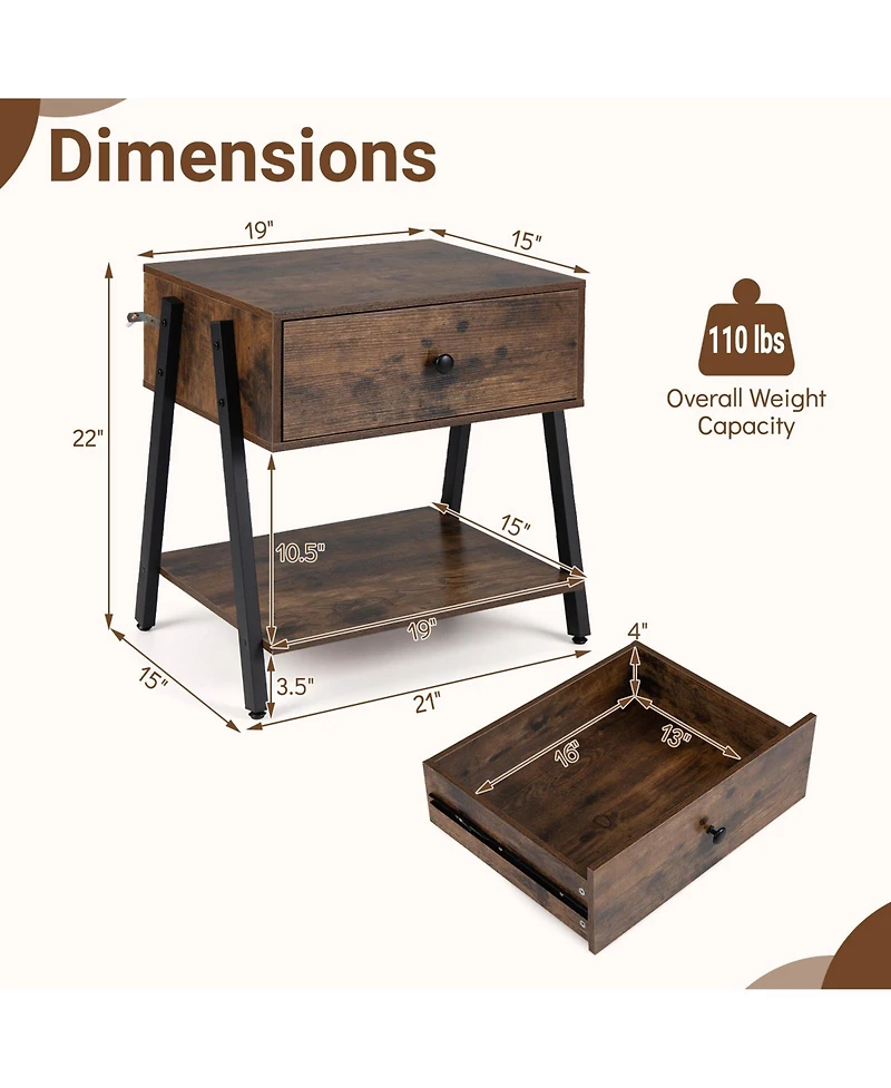 Gymax Industrial Nightstand with Drawer Open Storage Shelf Adjustable Foot Pads