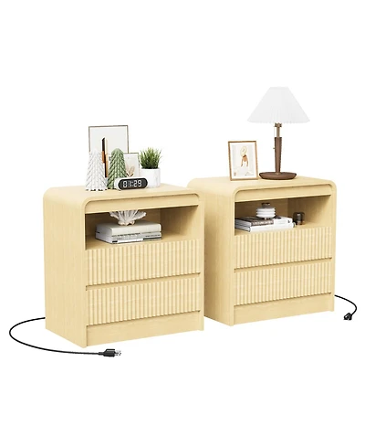 homfan Set of 2 Wood Color Fluted Nightstands with Charging Station and 2 Drawers