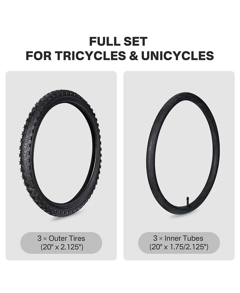 Yescom 20" x 2.125" Heavy-Duty Mountain Tread Tricycle and Unicycle Tire and Tube Set, 3-Pack