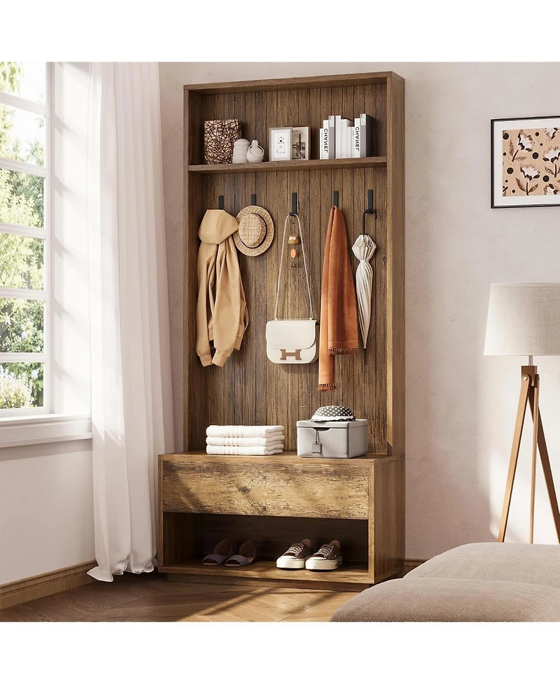 Tribesigns Hall Tree with Bench and Shoe Storage, Entryway Coat Rack with Shoe Bench and Drawer, 5 Hooks, Freestanding Hall Tree Organizer
