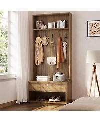 Tribesigns Hall Tree with Bench and Shoe Storage, Entryway Coat Rack with Shoe Bench and Drawer, 5 Hooks, Freestanding Hall Tree Organizer
