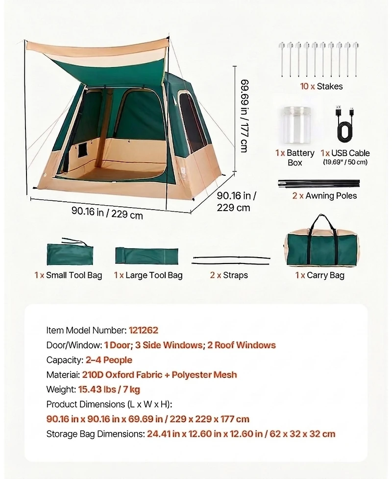Hongge 4 Person Inflatable Cabin Camping Tent with Rechargeable Pump Tpu Air Tubes and 5 Mesh Windows
