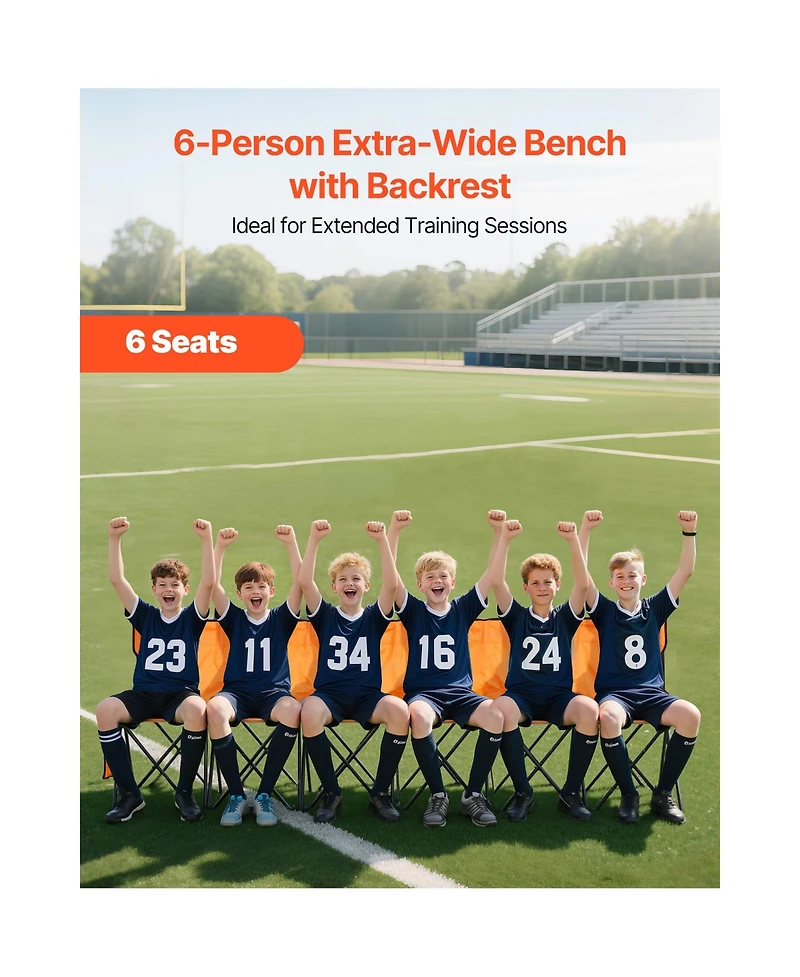 Hongge Vibrant 6 Seat Folding Team Bench 94.5 in with Backrest and Storage Pockets for Sports Events