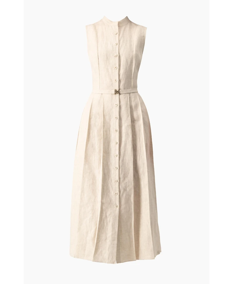 Ivonne Women's Linen Belted Band Collar Midi Shirtdress
